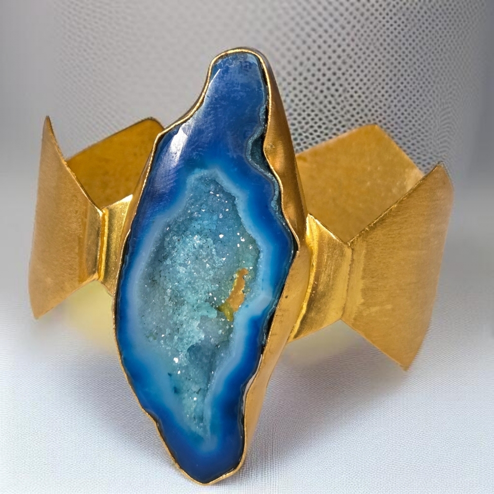 Incredible 18k Gold Plated Geode Druzy Sugar Geometric Cuff Bangle Bracelet
